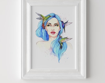 Original Aquarell Kunst, Kolibri Bild, weibliches Porträt mit blauen Haaren, einzigartige Boho Wandkunst, einzigartiges handgemachtes Geschenk