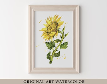Original Sonnenblume Aquarell Gemälde Einzelstück, botanische Blumenkunst, handgemalte Wanddekoration, gelbe Blumen Kunst, Geschenk für Sie