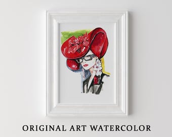 Original Mode Aquarell Gemälde, Rote Hut Frau Illustration, Glam Fashion Wandkunst, Vogue Style Kunstwerk, Luxus Boutique Dekor