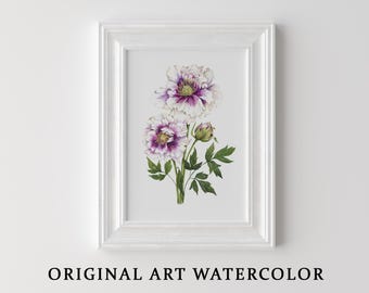 Original Aquarell Malerei Pfingstrose, botanische Blumenkunst, handgemalte Wanddekoration, minimalistische Blumenillustration, Geschenk für sie, modernes Wohndekor