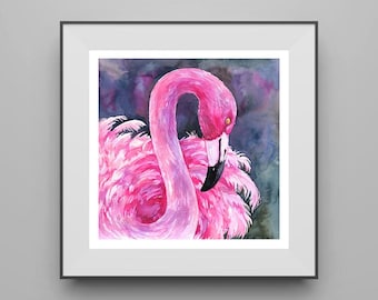 Original Flamingo Aquarell Malerei, Pink Flamingo Wandkunst, Tropisches Vogel Kunstwerk, Küstendekoration, Handgemalte Tierkunst