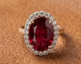 Red Garnet Oval and White Round Cut Diamond Engagement Ring, Halo Wedding Ring, Anniversary Gemstone Promise Ring, Elegant Ring For Her