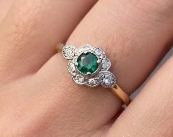 Dainty Halo Antique Ring, Green Emerald Round Cut Georgian Style Two Tone Engagement Ring, 925 Silver Vintage Floral Proposal Gift Ring