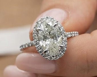 Oval And Round Cut Moissanite Diamond Engagement Ring, Solitaire With Accent Halo Wedding Ring, Anniversary Promise Ring, Elegant Gift Ring