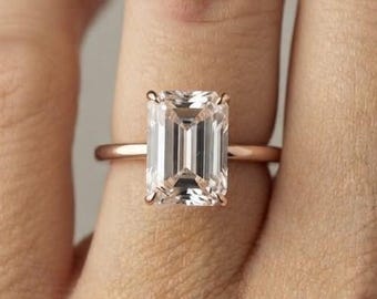 Nature Inspired Emerald Cut Moissanite Engagement Ring, 925 Silver Pave Diamond Ring, Anniversary Gift For Her, Minimalist Birthday Gift