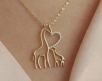 Unique Giraffe Pendant Necklace, Round Cut Diamond Animal Lover Pendant, Two Giraffes Forming Heart Pendant, Romantic Minimal Gold Necklace