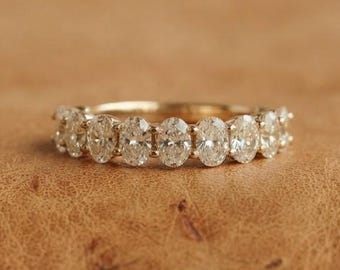 Oval Cut Moissanite Diamond Half Eternity Wedding Band, Gold Matching Band Silver Stacking Ring, Anniversary Gift Wedding Band For Her