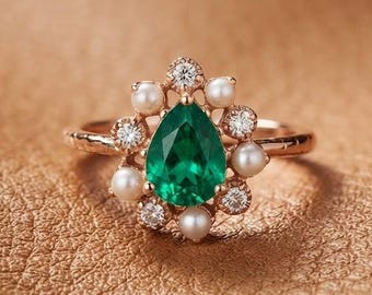 Vintage Art Deco Flower Inspired Ring, Victorian Green Pear & Pearl Halo Gemstone Round Cut Diamond Engagement Ring, May Birthstone Ring