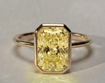 Canary Yellow Radiant Cut Simulated Diamond Solitaire Engagement Ring, Bezel Set Wedding Anniversary Gifts, Daily Wear Proposal Ring