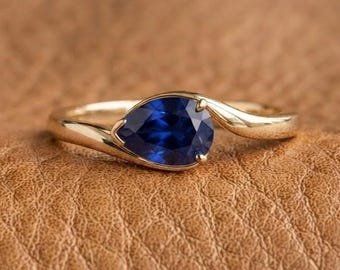 Pear Cut Blue Sapphire Diamond Wedding Ring, Bypass Engagement Ring, Solitaire Ring For Women,  Birthday Gift Ring, Anniversary Gift Ring