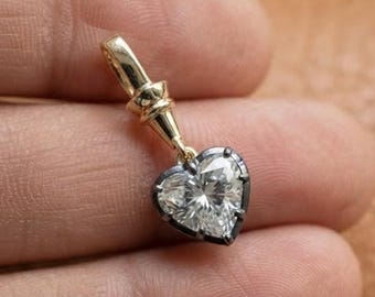 Georgian Cut Down Button Back Heart Cut Moissanite Pendant, Solitaire Without Chain Blackened Gold Pendant, Anniversary Gift Pendant