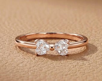 PERIMADE Heart Cut Moissanite Bow Toi Et Moi Engagement Ring, 925 Sterling Silver Tie Ring, You And Me Dainty Minimalist Anniversary Gift