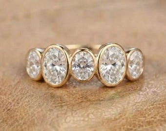 Five Stone Oval Cut Engagement Ring, Bezel Set Wedding Ring, Half Eternity Anniversary Gift Band, 925 Silver Stackable Proposal Ring For Her