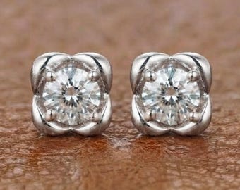Round Cut Moissanite Diamond Engagement Stud Earring, Antique Bezel Rose Shape Solitaire Wedding Stud, 925 Silver Anniversary Gift Earring