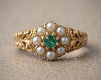 Vintage Art Deco Flower Inspired Ring, Victorian Green Emerald & Pearl Halo Gemstone Ring, May Birthstone Ring, Milgrain Stackable Ring