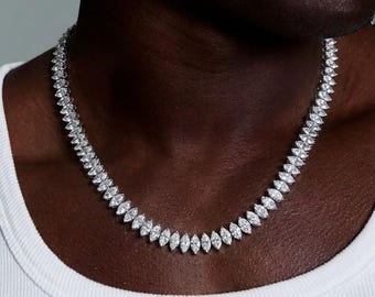 Marquise Diamond Tennis Engagement Necklace, 925 Sterling Silver Iced Out Jewelry, Hip Hop Moissanite Jewelry, Groomsmen Proposal Gift