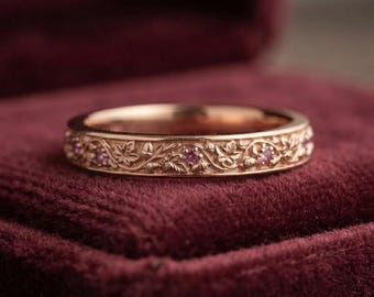 Round Purple Diamond Vintage Art Deco Engagement Band, Nature Inspired Floral Wedding Band, Leafy Filigree Stackable Band, Birthday Gift