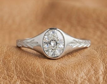 flush Set Oval Cut Moissnaite Diamond Solitaire Ring, 925 Sterling Silver Wedding Ring, Vintage Style Leafy Nature Inspired Anniversary Ring