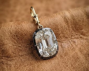 Georgian Style Cut Down Button Back Diamond Pendant, Moissanite Diamond Blackened Silver Pendant, Elongated Old Mine Cushion Cut Pendant