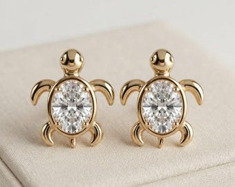 Oval Cut Moissanite Diamond Stud Earrings, Tuttle Animal Lover Earrings, 925 Silver Earrings For Women, Turtoise Solitaire Beach Lover Stud