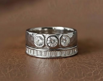 Anello di fidanzamento con diamante moissanite taglio rotondo, fede nuziale impilabile con taglio baguette, anello nuziale testurizzato, anello regalo con castone