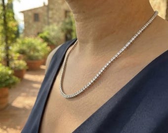 Round Cut Moissanite Diamond Sterling Silver Tennis Chain, Wedding Iced Out Chain, Anniversary Gift For Him Or Her, Diamond Tennis Necklace