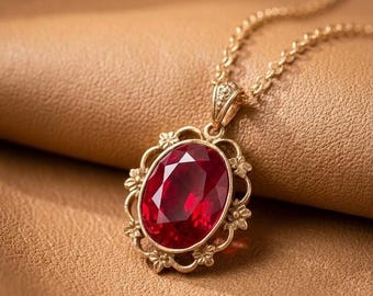Oval Red Garnet Diamond Vintage Style Filigree Engagement Pendant, Floral Gemstone Solitaire Edwardian Anniversary Gift Pendant For Women