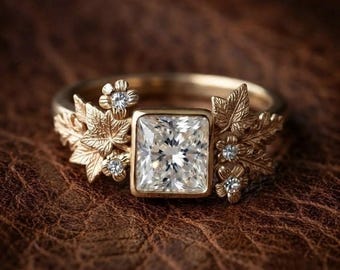Princess & Round Cut Moissanite Diamond Engagement Ring, Nature Inspired Wedding Ring, Vintage Art Deco Leafy Proposal Ring, Filigree Ring