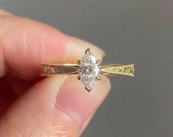 Vintage Art Deco Style Marquise Cut Moissanite Diamond Solitaire Engagement Ring, Nature Inspired Filigree Wedding Ring, Edwardian Gift Ring