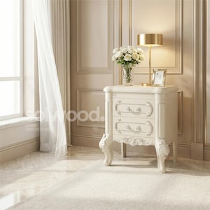 May include: A cream-colored, ornate nightstand with two drawers, decorative handles, and carved details. A gold lamp, a framed photo, and a vase of white flowers sit on top. The nightstand has curved legs and is in a well-lit room.