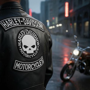 Op de afbeelding: Zwarte leren motorjas met Harley-Davidson patches. De patches bevatten het Harley-Davidson logo en het woord "Motorcycles". Op de achtergrond is een motorfiets te zien op een natte straat.