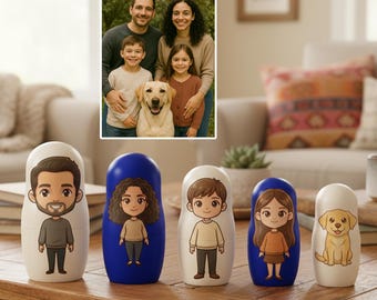 Custom Photo Portrait Nesting Dolls Cartoon Style Family with Pets Wooden Unique Family Gift