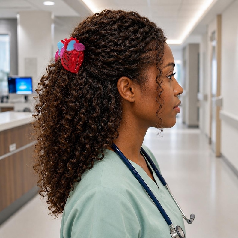 May include: A hair clip shaped like an anatomical human heart in shades of red, blue, and purple. The clip is secured in dark, curly hair, positioned above a light green scrub top with a dark blue stethoscope draped around the neck.