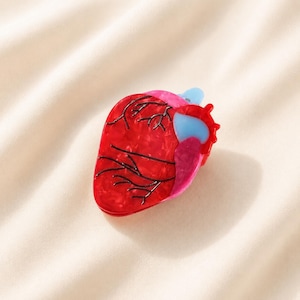 May include: A hair claw clip shaped like an anatomical human heart. The main body is a marbled red acrylic with black etched lines representing veins. It features accents in light blue and pink, with a glossy finish and a functional spring mechanism.