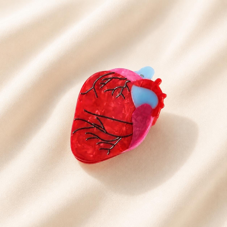 May include: A hair claw clip shaped like an anatomical human heart. The main body is a marbled red acrylic with black etched lines representing veins. It features accents in light blue and pink, with a glossy finish and a functional spring mechanism.