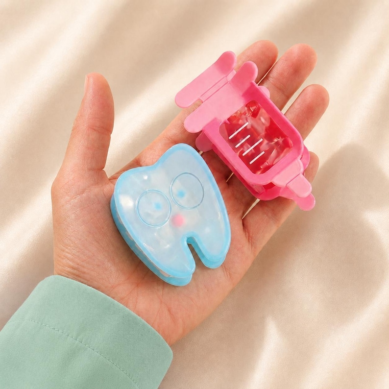 May include: A light blue tooth-shaped hair claw clip with two circular eyes and a small pink dot, alongside a bright pink rectangular hair claw clip featuring internal teeth for gripping hair, both made of smooth plastic material.
