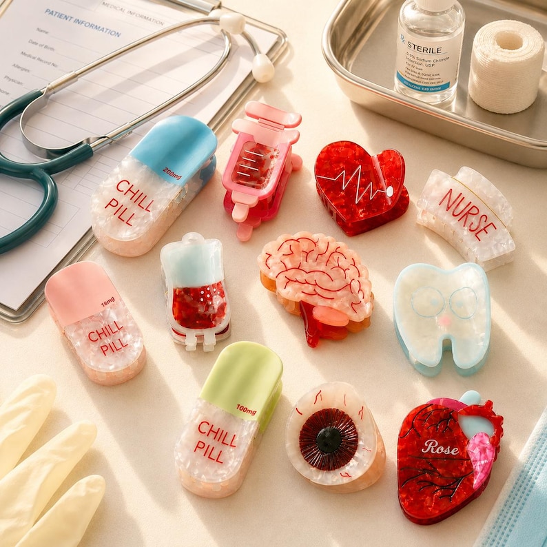 May include: A collection of medical-themed hair clips including pill-shaped clips labeled CHILL PILL, a syringe, a red heart with an EKG line, a brain, a tooth, an eye, and an anatomical heart labeled Rose, alongside a stethoscope and medical supplies.