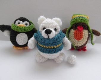 PATTERN ONLY - crochet snowball fighters- bear, penguin, robin - PDF instructions