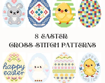 Easter Cross-stitch eggs pattern bundle - 8 cute cross stitch patterns pack digital download