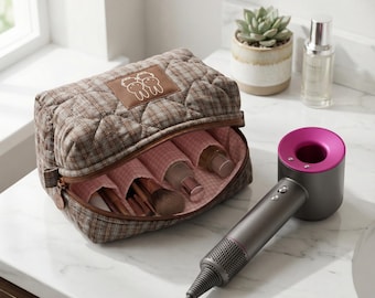 Dyson Airwrap Bag with Compartments for Dyson/Shark Products | Official Miffy Brown Plaid Knit Travel Organizer