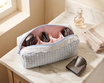 Dyson Airwrap Bag with Compartments for Dyson/Shark Products | Milk Blue Plaid Travel & Styling Tool Case