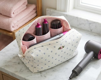 Dyson Airwrap Bag with Compartments for Dyson/Shark Products | Blue Floral Knit Storage & Makeup Organizer