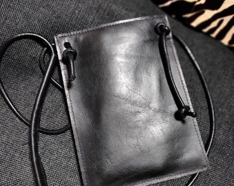 Full-Grain Leather Vertical Phone Sling Bag - Vintage Unisex Crossbody Bag in Charcoal Black
