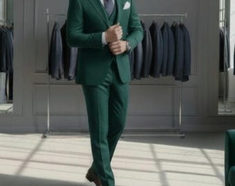 ダークグリーンのスリーピーススーツ：スリムフィットフォーマル
