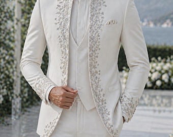 Off White Embroidered Sherwani Suit Mens Wedding Groom Indo Western Reception Outfit Luxury
