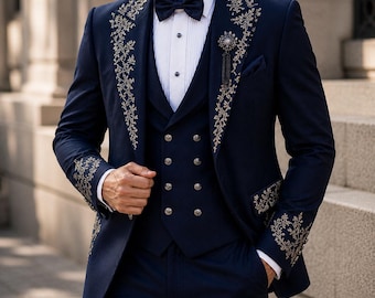 Royal Party Wear Smoking Anzug Herren Marineblau Gold Gestickte Hochzeit Bräutigam Kleidung