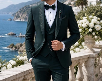 Men's Emerald Green Tuxedo Suit Embroidered Shawl Lapel Groom Wedding Formal Luxury Outfit