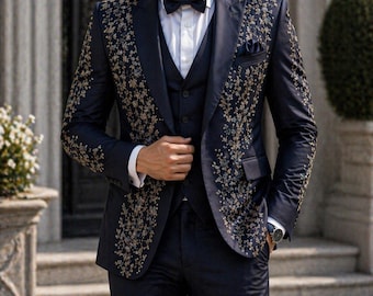 Navy Floral Embroidered Wedding Tuxedo Slim Fit Groom Suit Luxury Evening Blazer Set