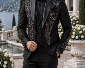 Luxury Black Embroidered Tuxedo Suit Mens Wedding Formal Designer Prom Outfit Elegant