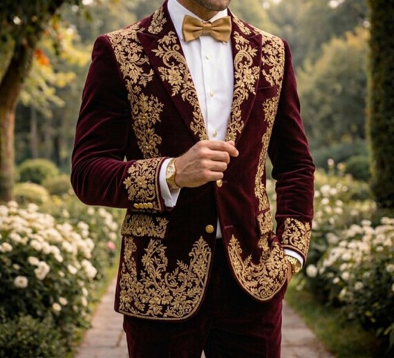 Maroon velvet embroidered tuxedo groom wedding suit luxury royal mens formal attire